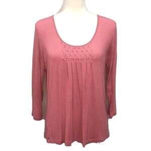 RUBY ROAD PETITE (PM) Smocked top with tiny pearls, coral pink